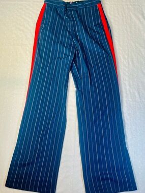 Urban Outfitters Navy Pinstripe Wide-Leg Trousers with Red Side Stripe